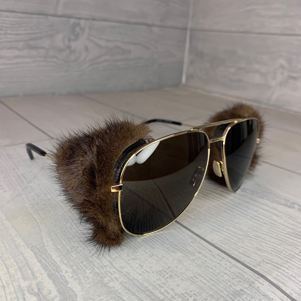Saint Laurent Mink Fur Classic 11 Shields Gold Tone Sunglasses